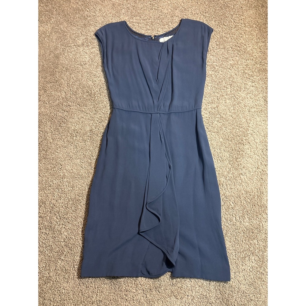 Y2K Donald Deal Slate Blue 100% Silk Draped Ruffle Front Sleeveless Sheath Dress